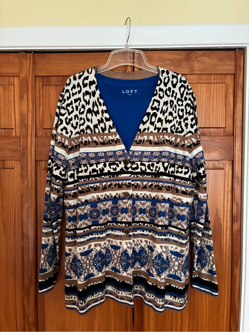 Chico's Blue, Brown, Black & White Mixed-Print V-Neck Cardigan